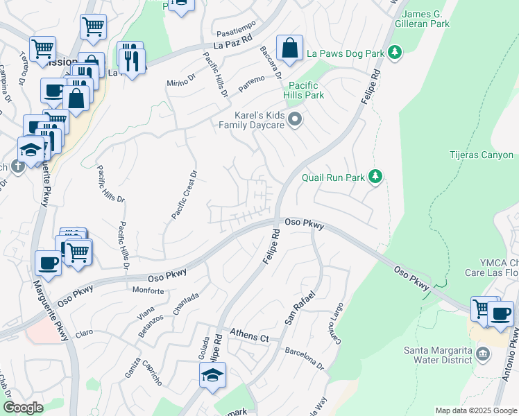 map of restaurants, bars, coffee shops, grocery stores, and more near 134 Melrose Drive in Mission Viejo