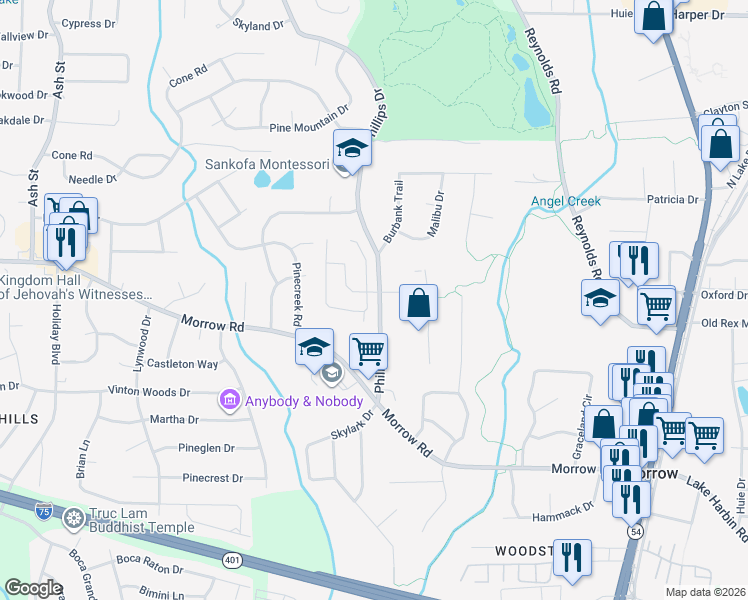 map of restaurants, bars, coffee shops, grocery stores, and more near 6042 Foxcroft Court in Morrow
