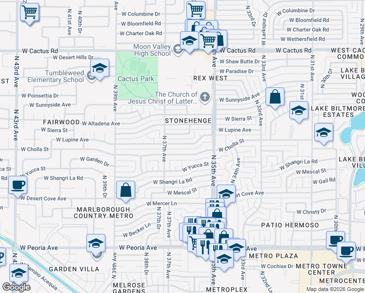 map of restaurants, bars, coffee shops, grocery stores, and more near 3615 West Lupine Avenue in Phoenix