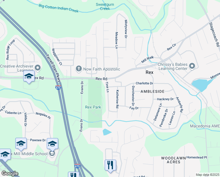 map of restaurants, bars, coffee shops, grocery stores, and more near 3545 Charlotte Drive in Rex