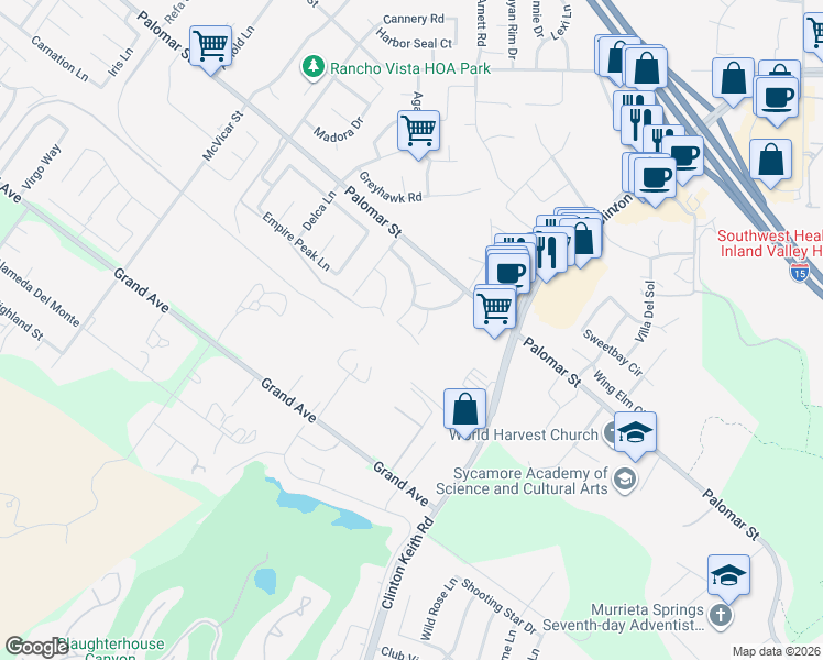 map of restaurants, bars, coffee shops, grocery stores, and more near 32527 Falling Leaf Court in Wildomar