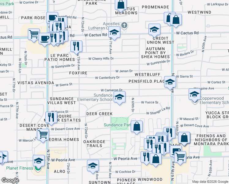 map of restaurants, bars, coffee shops, grocery stores, and more near 7027 West Cameron Drive in Peoria