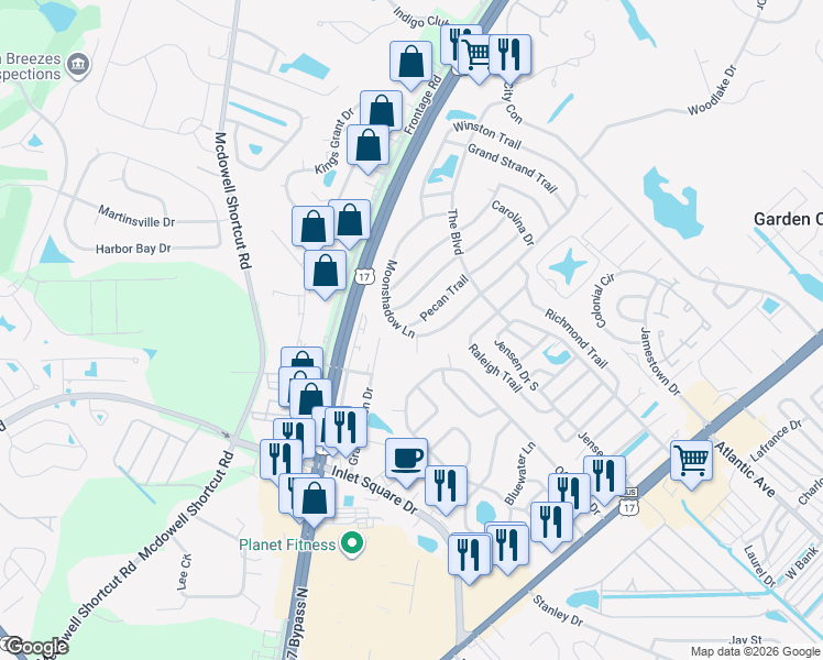 map of restaurants, bars, coffee shops, grocery stores, and more near 3177 Moonshadow Lane in Murrells Inlet