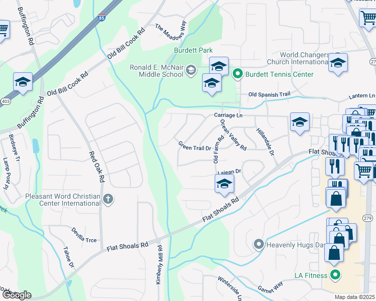map of restaurants, bars, coffee shops, grocery stores, and more near 2878 Green Trail Drive in Atlanta
