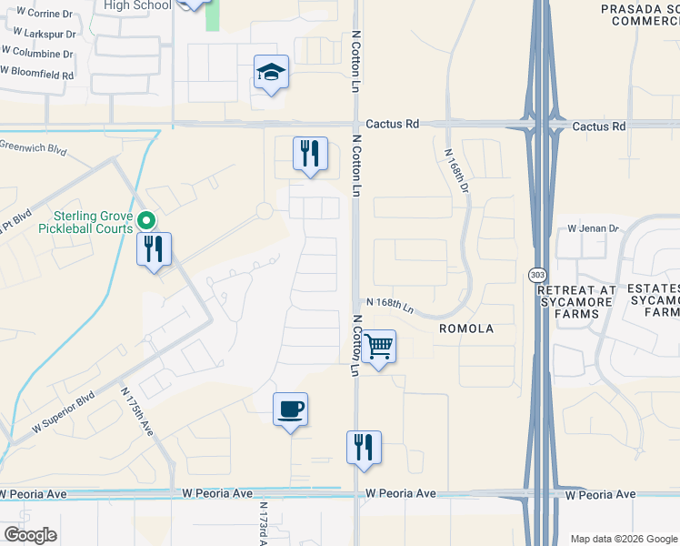 map of restaurants, bars, coffee shops, grocery stores, and more near 17152 West Wildwood Street in Surprise