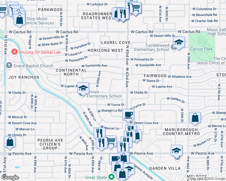 map of restaurants, bars, coffee shops, grocery stores, and more near 4348 West Cholla Street in Glendale