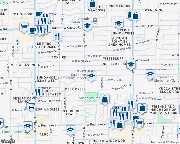 map of restaurants, bars, coffee shops, grocery stores, and more near 7027 West Cameron Drive in Peoria