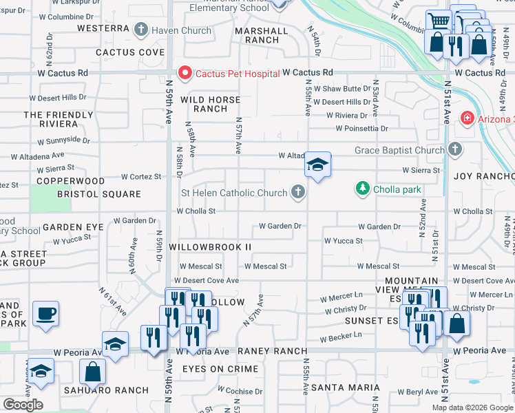 map of restaurants, bars, coffee shops, grocery stores, and more near 5610 West Cholla Street in Glendale