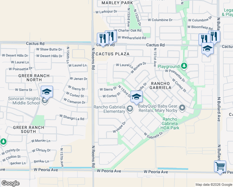 map of restaurants, bars, coffee shops, grocery stores, and more near 15340 West Cortez Street in Surprise