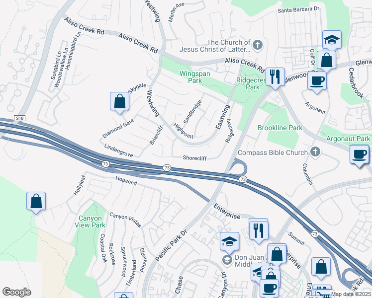 map of restaurants, bars, coffee shops, grocery stores, and more near 14 Flintstone in Aliso Viejo