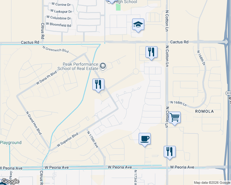 map of restaurants, bars, coffee shops, grocery stores, and more near 11540 West Wildwood Street in Surprise