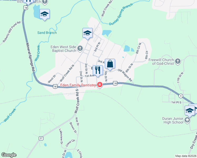 map of restaurants, bars, coffee shops, grocery stores, and more near 17 4th St N in Pell City