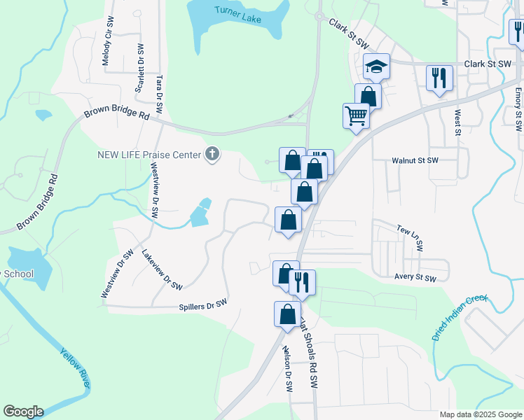map of restaurants, bars, coffee shops, grocery stores, and more near 7205 Lakeview Drive Southwest in Covington