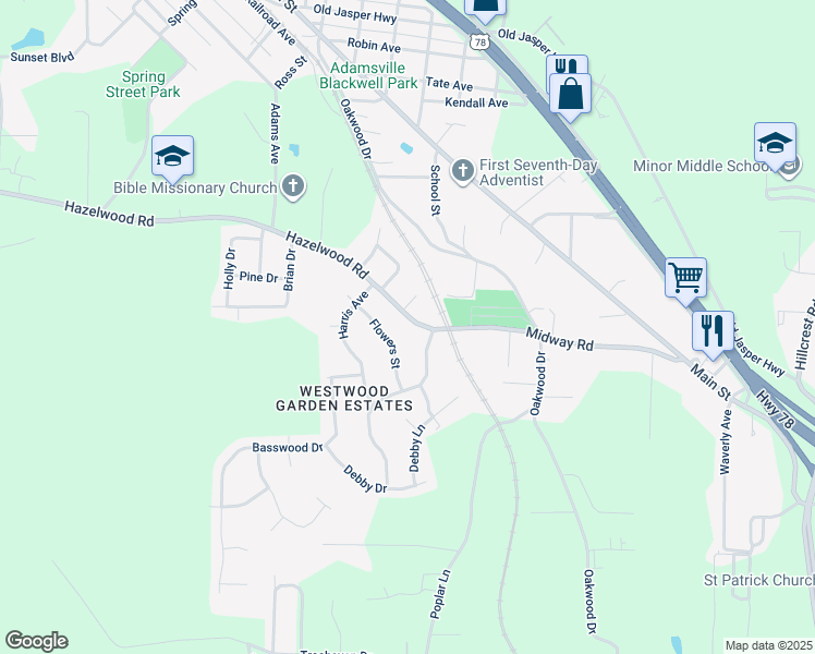 map of restaurants, bars, coffee shops, grocery stores, and more near 4112 Flowers Street in Adamsville