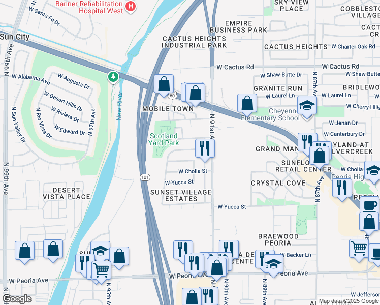 map of restaurants, bars, coffee shops, grocery stores, and more near 9213 West Cameron Drive in Peoria