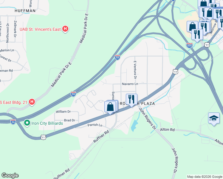 map of restaurants, bars, coffee shops, grocery stores, and more near 328 Sunset Boulevard in Birmingham
