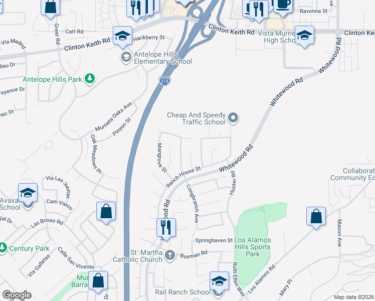 map of restaurants, bars, coffee shops, grocery stores, and more near 36635 Ponderosa Court in Murrieta