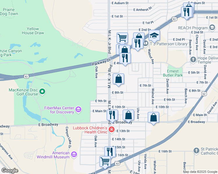 map of restaurants, bars, coffee shops, grocery stores, and more near 1519 East 7th Street in Lubbock