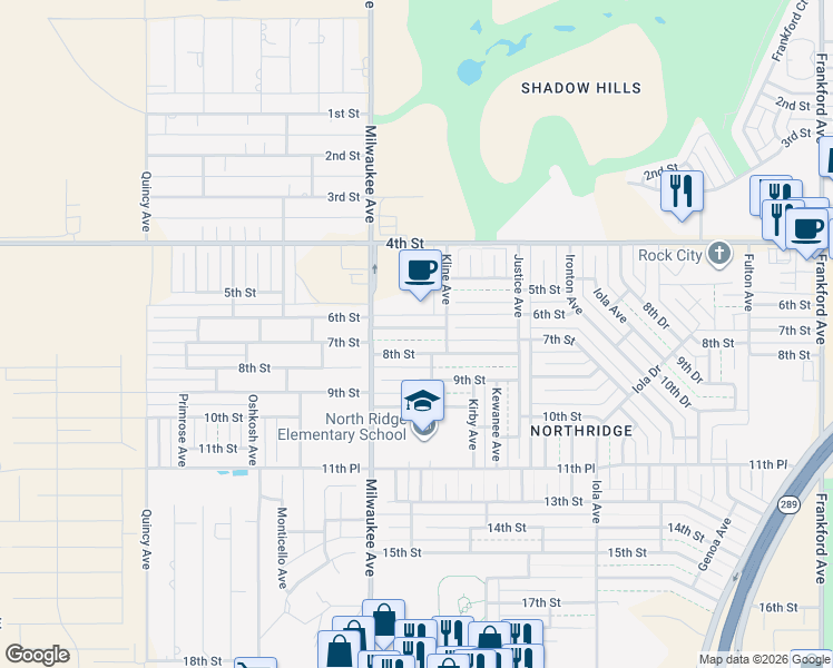 map of restaurants, bars, coffee shops, grocery stores, and more near 6307 7th Street in Lubbock