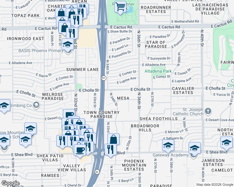 map of restaurants, bars, coffee shops, grocery stores, and more near 3401 East Cholla Street in Phoenix