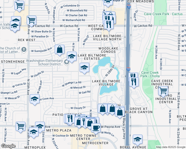 map of restaurants, bars, coffee shops, grocery stores, and more near 11405 North 30th Avenue in Phoenix