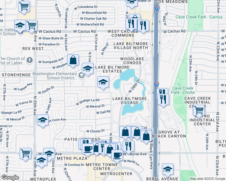 map of restaurants, bars, coffee shops, grocery stores, and more near 11405 North 30th Avenue in Phoenix
