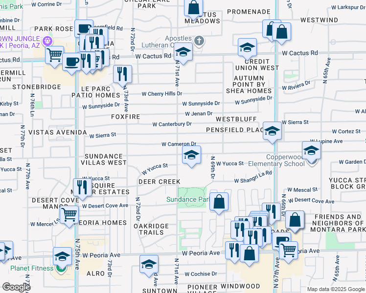 map of restaurants, bars, coffee shops, grocery stores, and more near 7027 West Cameron Drive in Peoria