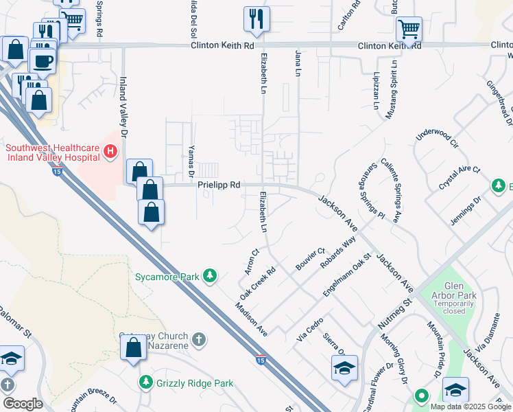 map of restaurants, bars, coffee shops, grocery stores, and more near 24875 Prielipp Road in Wildomar