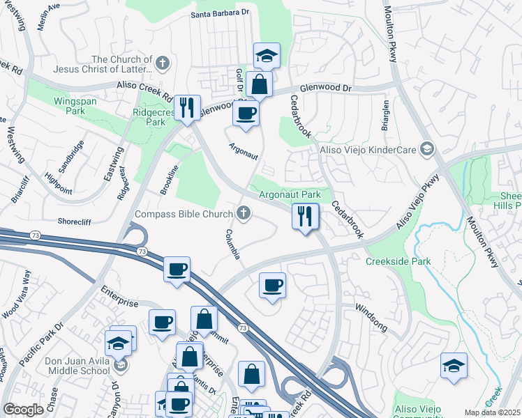 map of restaurants, bars, coffee shops, grocery stores, and more near 135 Columbia in Aliso Viejo