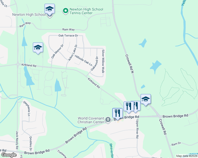 map of restaurants, bars, coffee shops, grocery stores, and more near 70 Silver Willow Walk in Covington