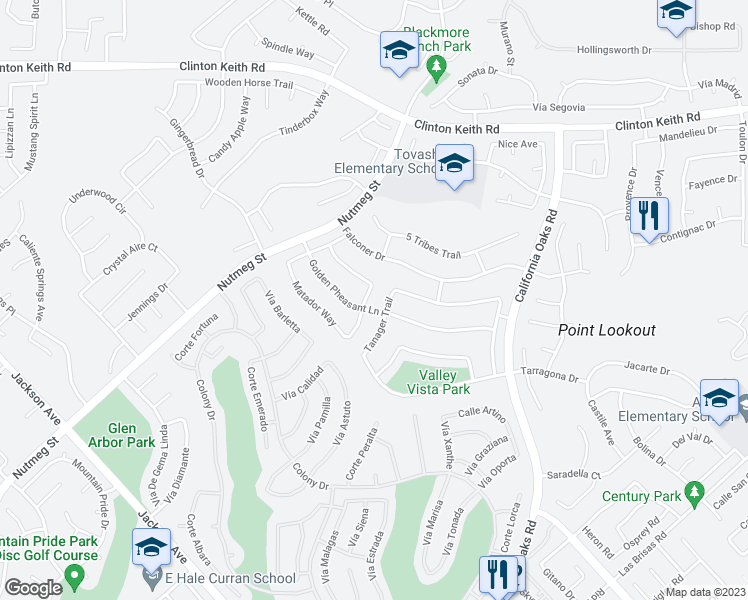 map of restaurants, bars, coffee shops, grocery stores, and more near 39976 Malacca Way in Murrieta