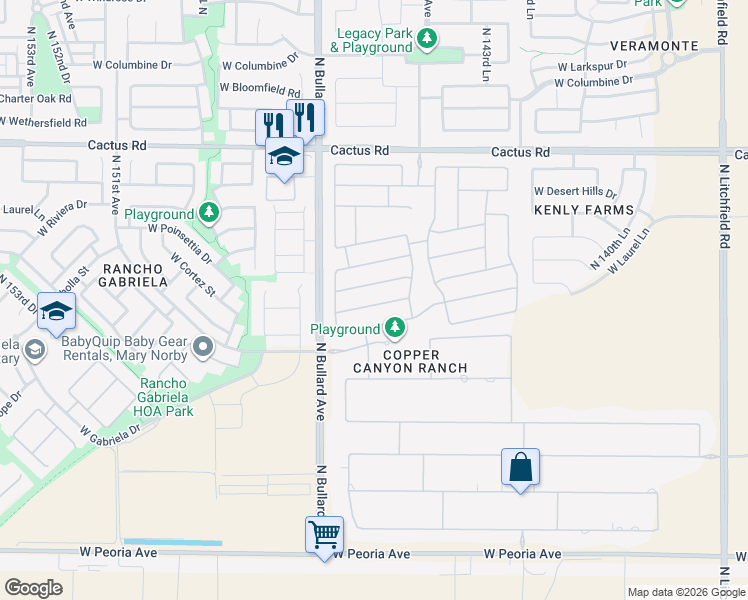 map of restaurants, bars, coffee shops, grocery stores, and more near 14536 West Cortez Street in Surprise