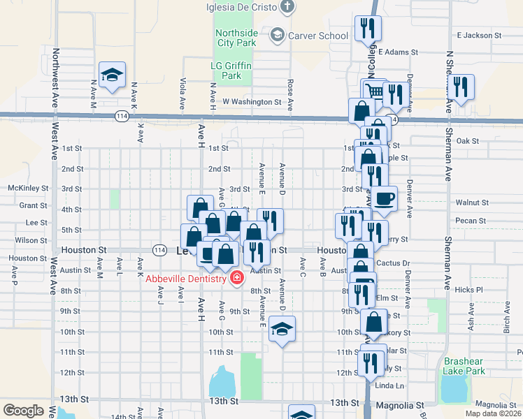 map of restaurants, bars, coffee shops, grocery stores, and more near 511 4th Street in Levelland