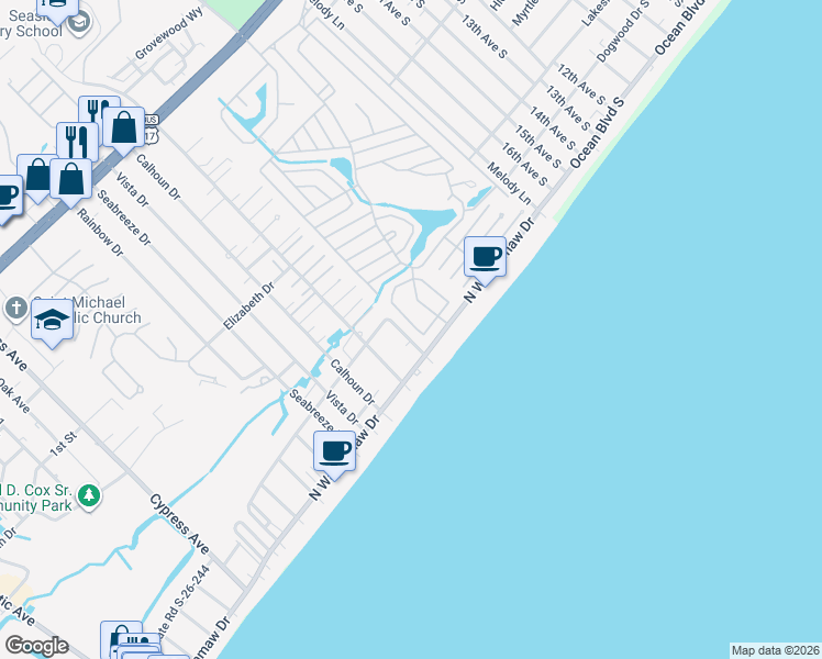 map of restaurants, bars, coffee shops, grocery stores, and more near 1710 Mason Circle in Murrells Inlet