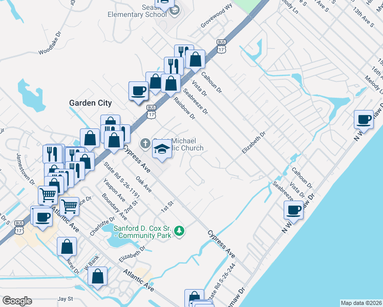 map of restaurants, bars, coffee shops, grocery stores, and more near 910 Wind Shore Court in Murrells Inlet