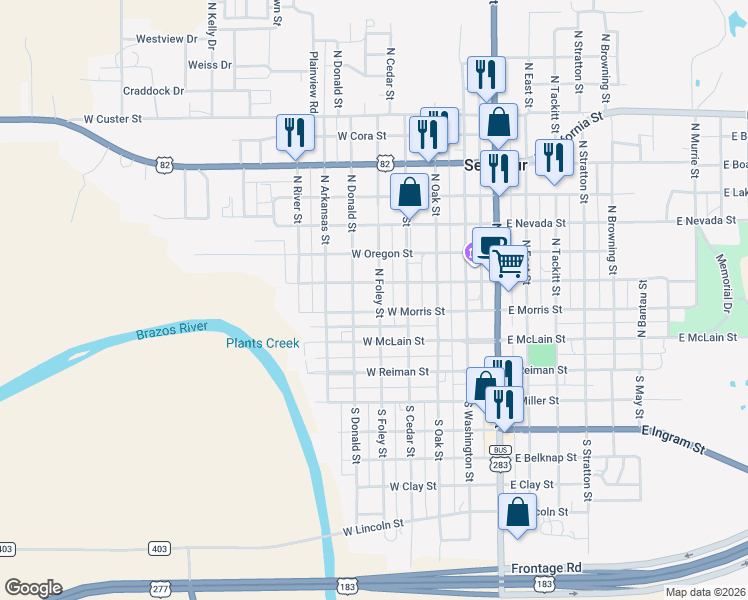 map of restaurants, bars, coffee shops, grocery stores, and more near 205 North Foley Street in Seymour