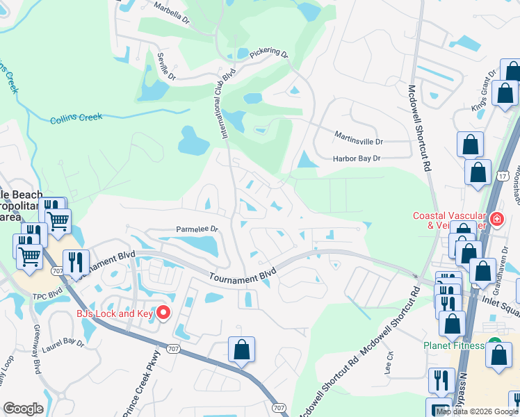 map of restaurants, bars, coffee shops, grocery stores, and more near 131 Veranda Way in Murrells Inlet
