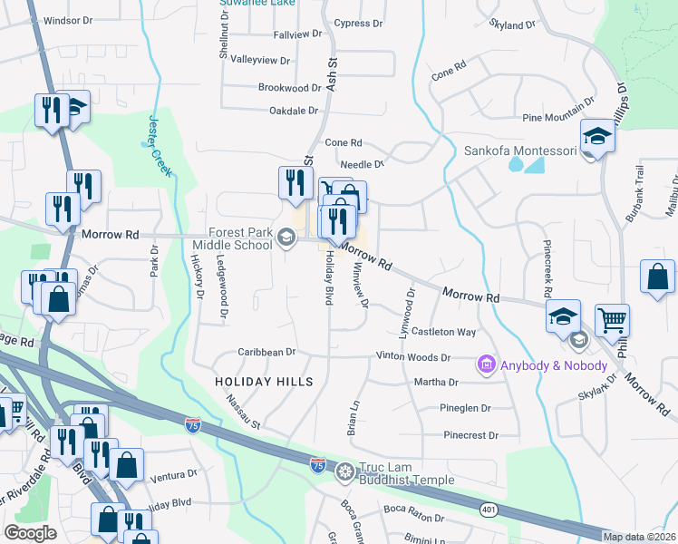 map of restaurants, bars, coffee shops, grocery stores, and more near 6044 Holiday Boulevard in Forest Park