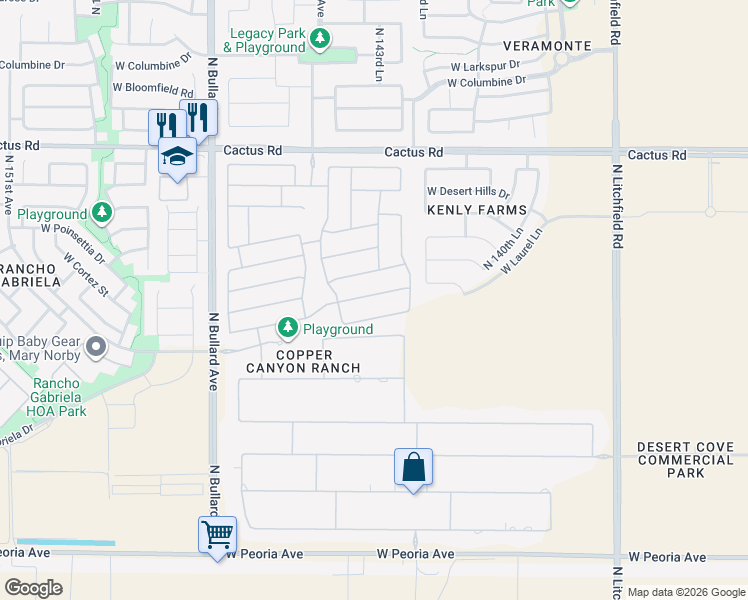 map of restaurants, bars, coffee shops, grocery stores, and more near 14375 West Cameron Drive in Surprise