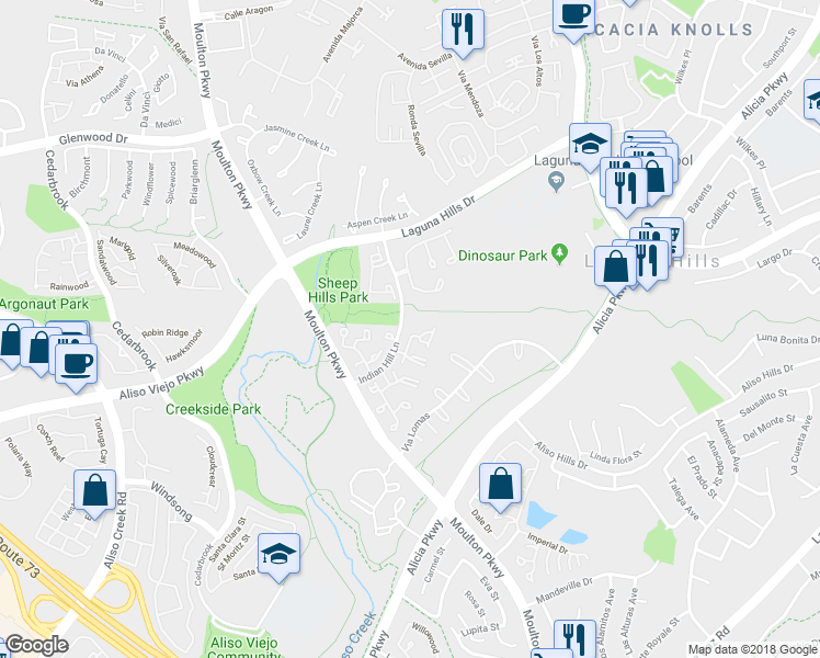 map of restaurants, bars, coffee shops, grocery stores, and more near 31 Clover Hill Lane in Laguna Hills