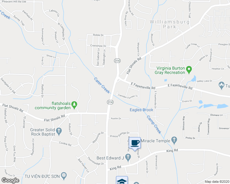 map of restaurants, bars, coffee shops, grocery stores, and more near 6086 Camden Forrest Court in Riverdale