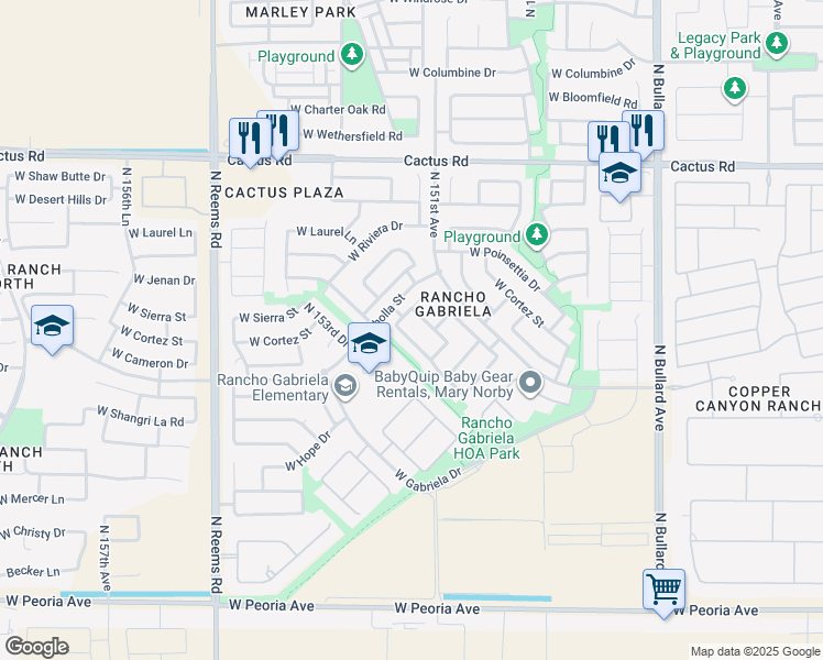 map of restaurants, bars, coffee shops, grocery stores, and more near 11631 N 151st Dr in Surprise