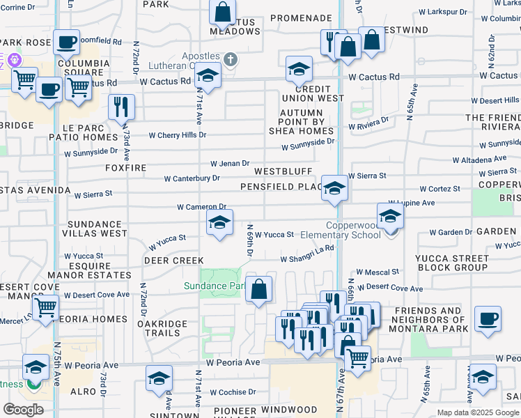 map of restaurants, bars, coffee shops, grocery stores, and more near 6903 West Cameron Drive in Peoria