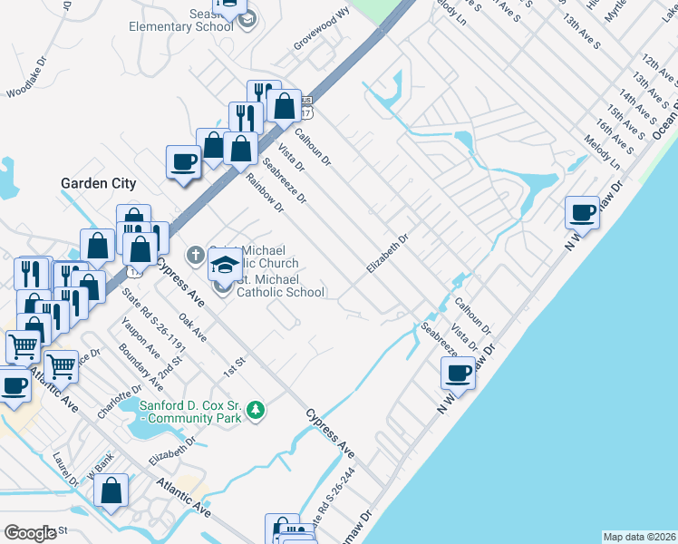 map of restaurants, bars, coffee shops, grocery stores, and more near 417A Rainbow Drive in Murrells Inlet