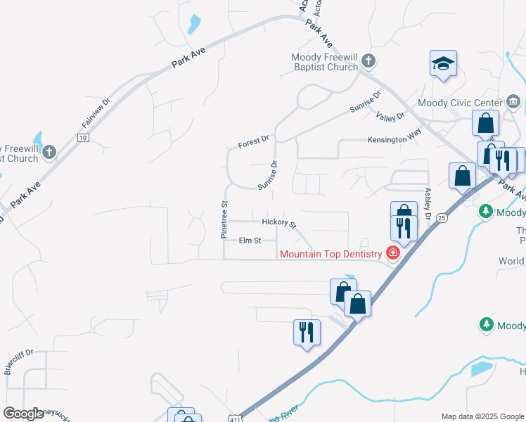 map of restaurants, bars, coffee shops, grocery stores, and more near 1203 Sycamore Circle in Moody
