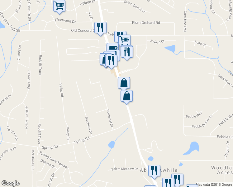 map of restaurants, bars, coffee shops, grocery stores, and more near 3789 Salem Road in Covington