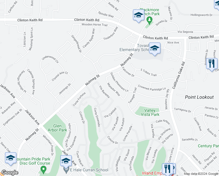 map of restaurants, bars, coffee shops, grocery stores, and more near 23821 Matador Way in Murrieta