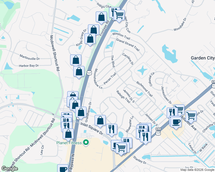 map of restaurants, bars, coffee shops, grocery stores, and more near 3156 Moonshadow Lane in Murrells Inlet