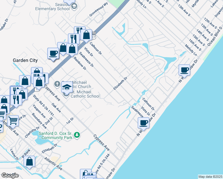 map of restaurants, bars, coffee shops, grocery stores, and more near 409 Elizabeth Drive in Murrells Inlet