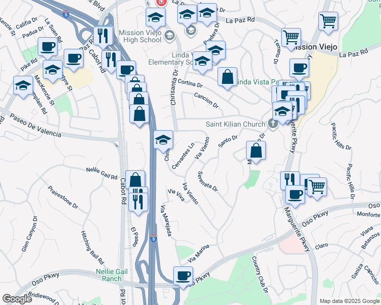 map of restaurants, bars, coffee shops, grocery stores, and more near 25702 Cervantes Lane in Mission Viejo